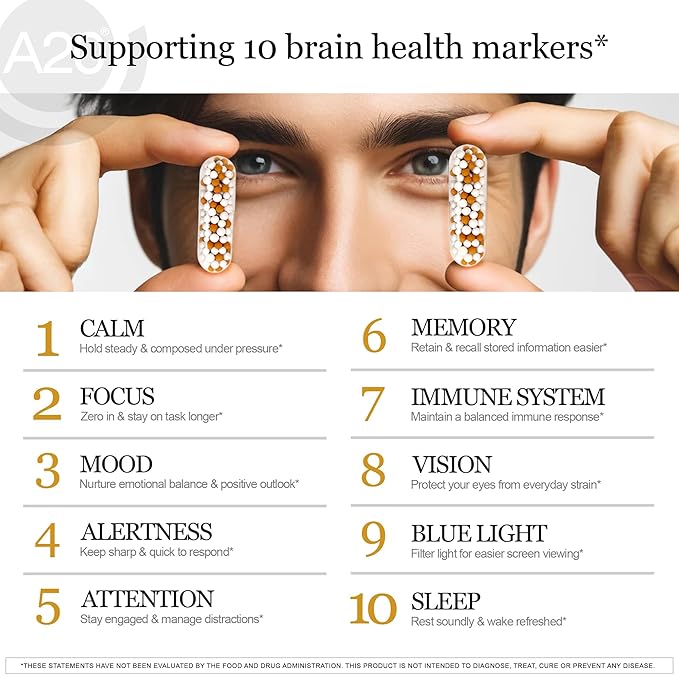 HCF A20 Microbead Brain Health Supplements for Adults for Memory, Focus, Calm, Mood, Alertness, Attention, Vision, Sleep, Immune System, 20 Premium Nootropic Nutrients Multivitamin & 7 Advances® Tech