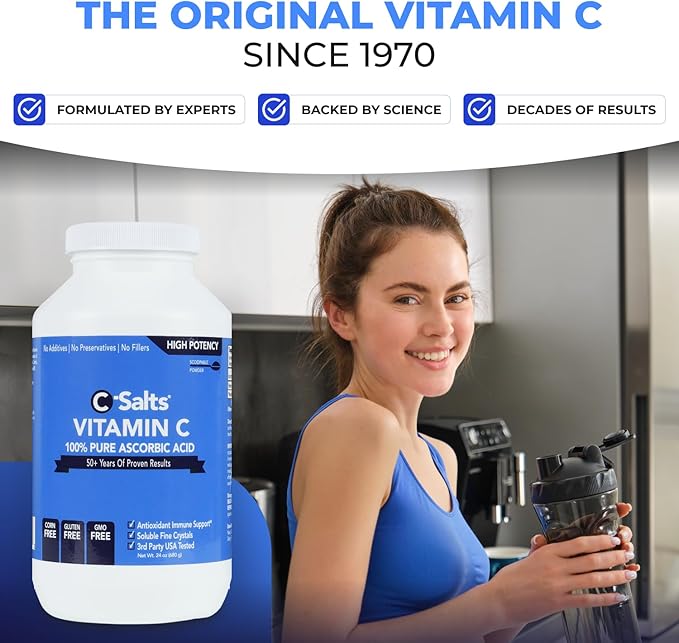 C-Salts Pure Ascorbic Acid Powder - High Dose 100% Pure Vitamin C Powder Supplement for Immune Support - Sugar-Free Powdered Drink with Soluble Fine Crystals, Organic, Corn-Free Non-GMO 24oz