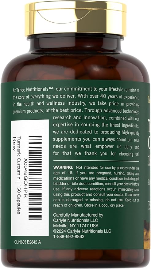 Tahoe Nutritionals Turmeric Supplement | 1500 mg | 150 Capsules | Complex with Black Pepper | Non-GMO and Gluten Free