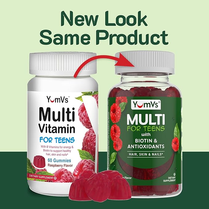 YumVs Teen Multivitamin Gummies with Biotin and Antioxidants - Raspberry Flavor - Hair Skin Nails Support - Vegetarian Kosher Teen Vitamins for Boys and Girls 12-17 - Teen Gummy Vitamins (60 Count)