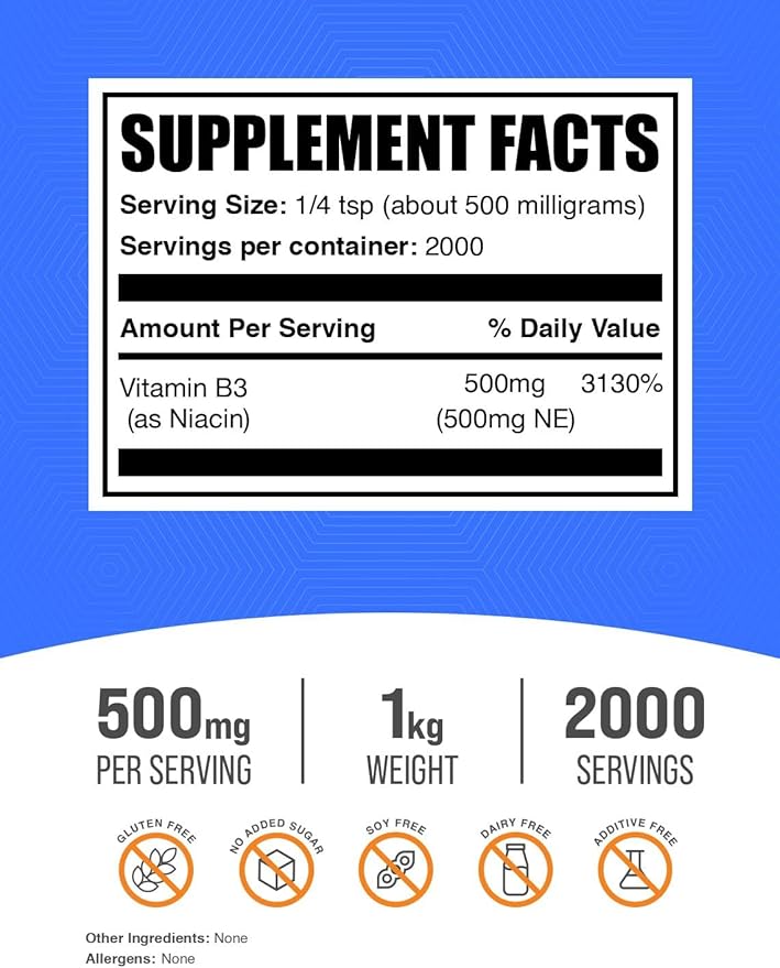BulkSupplements.com Niacin Powder - Vitamin B3 Supplement, Niacin Flush - Gluten Free, 500mg per Serving, 1kg (2.2 lbs) (Pack of 1)
