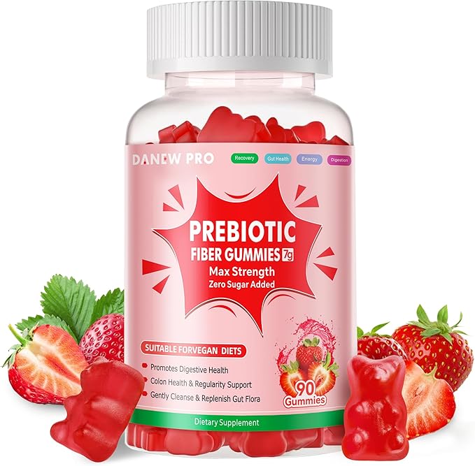 Prebiotic Fiber Gummies for Adults, 7G Extra Strength, Zero Sugar Added, 90 Pectin Based Gummies, Digestive Health & Regularity Support-Strawberry
