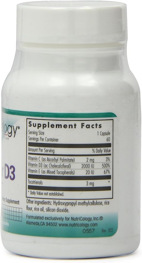 Nutricology Super D3 Dietary Supplement - Bone & Immune Support, Cholecalciferol with C & E, Vegetarian Capsules, Gluten Free - 60 Count