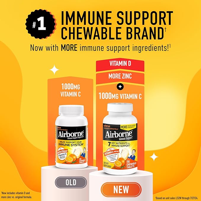 Airborne Vitamin C 1000mg (per Serving) - Citrus Chewable Tablets (116 Count in a Bottle), Gluten-Free Immune Support Supplement, with Vitamins A C E, Zinc, Selenium, Echinacea, Ginger, Antioxidants