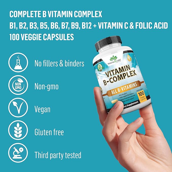 NaturaLife Labs Vitamin B Complex with Vitamin C and Folic Acid - B12, B1, B2, B3, Vitamin B5 Pantothenic Acid, B6, B7, B9 - Nervous System Support 100 Veggie Capsules