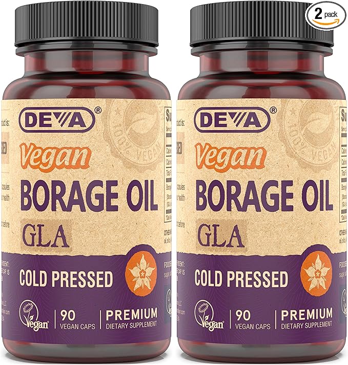 DEVA Vegan Vitamins, Borage Oil 500mg, Source of Omega-6 Fatty Acid GLA (Gamma linolenic Acid), Cold-Pressed & Unrefined, 90 Tablets (Pack of 2)