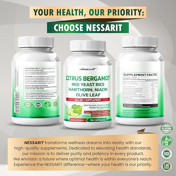 Citrus Bergamot Supplement - 15-in-1 Natural Blend with Red Yeast Rice Hawthorn Olive Leaf Odorless Garlic Turmeric Ginger Fenugreek - 150 Count - Made & Tested in The USA