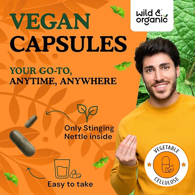 Wild & Organic Stinging Nettle Leaf Capsules - 1000 mg Stinging Nettle Extract for Urinary Support - 60 Vegan Herb Capsules - 30 Days Supply - Non-GMO, Gluten-Free, No Fillers