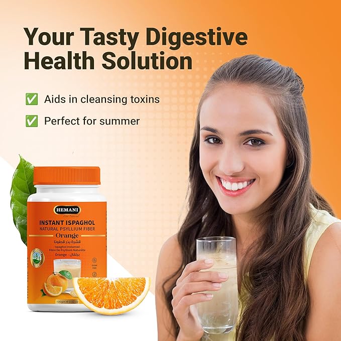 Hemani Instant Psyllium Husk Ispaghol 100g | Orange Flavored On-The-Go Fiber Supplement | Supports Digestive Health | Add to Water for a Refreshing Drink