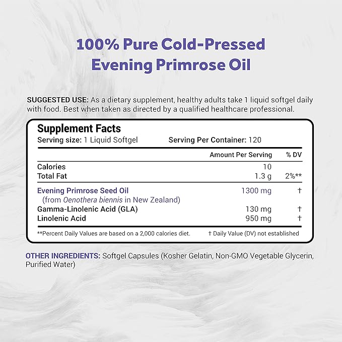 Evening Primrose Oil (1300mg) | 100% Natural from New Zealand | Non-GMO, Soy & Gluten Free, Zero Filler | 120 Softgels