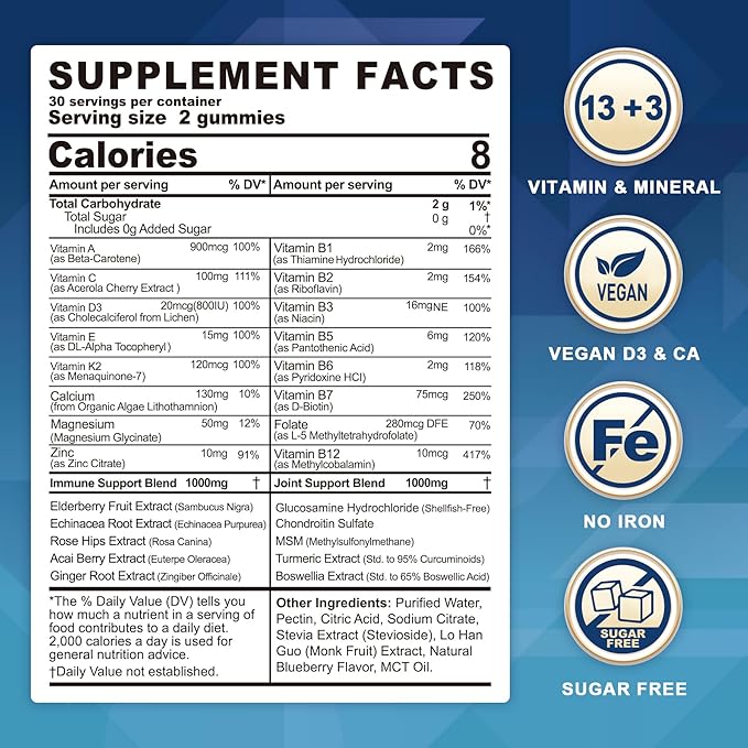 Sugar Free Methylated Multivitamin Gummies for Men & Women 50 Plus | with Glucosamine Chondroitin MSM | Multi Vitamin D3 K2 & B Complex, A C E | Chewable Gummy Vitamins for Adults Seniors, 120 Cts