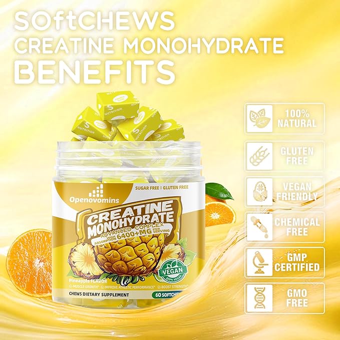 Creatine Monohydrate Soft Chews Complex 6400mg for Men & Women -Advanced Formula W/L-Taurine + Vitamin B12, Sugar Free Chewable Supplement,60 Pineapple Softchews
