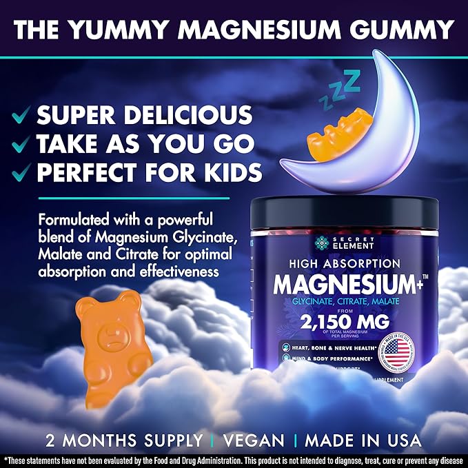 Magnesium Glycinate 2150MG Gummies for Women and Men, High Absorption Magnesium Glycinate, Citrate, Malate Gummies for Adults & Kids, Magnesium for Sleep Support, Sugar Free, Vegan, 60 Chews, Orange