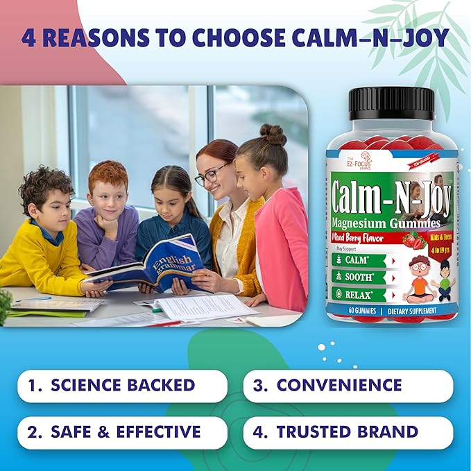 Magnesium Citrate Supplement for Kids & Teens, Anti-Stress Calm Magnesium Gummies Support Relaxed Muscles, Sleep, Bone Health, Gluten Free, Low Sugar 60 Ct