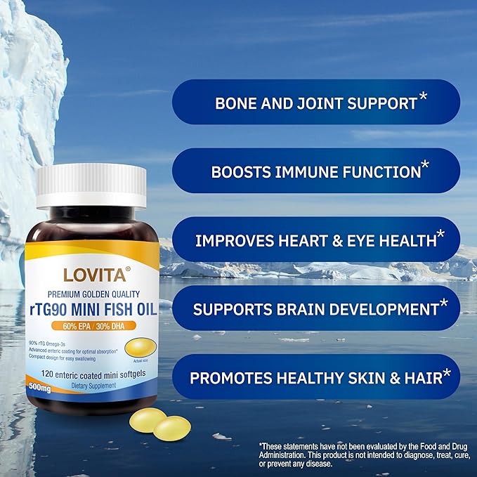 Lovita rTG 90 Mini Fish Oil, 2000mg Daily| High Absorption rTG Form, 90% Omega-3 | Burpless, Easy to Swallow | Support Healthy Heart, Brain and Eyes | 120 Enteric-Coated Softgels (Pack of 3)