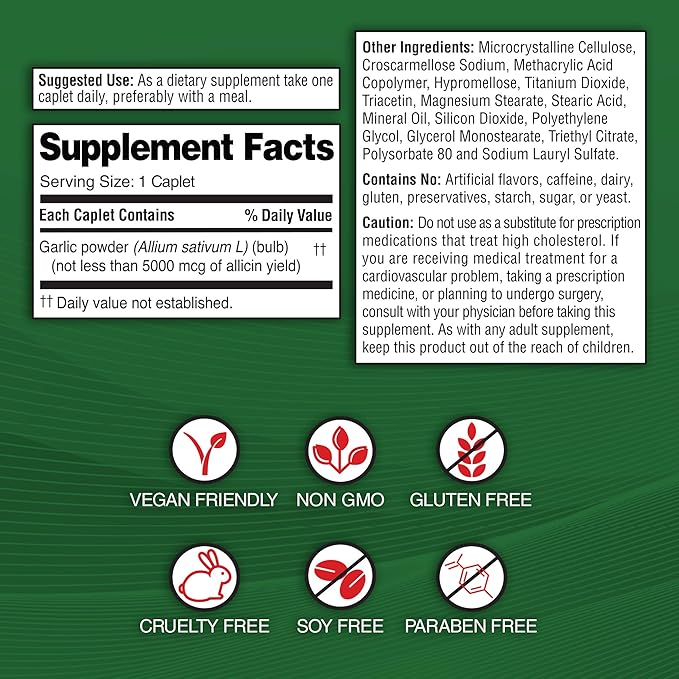 Garlique Garlic Extract Supplement, Healthy Cholesterol Formula, Odorless & Vegan-Friendly, 60 Caplets