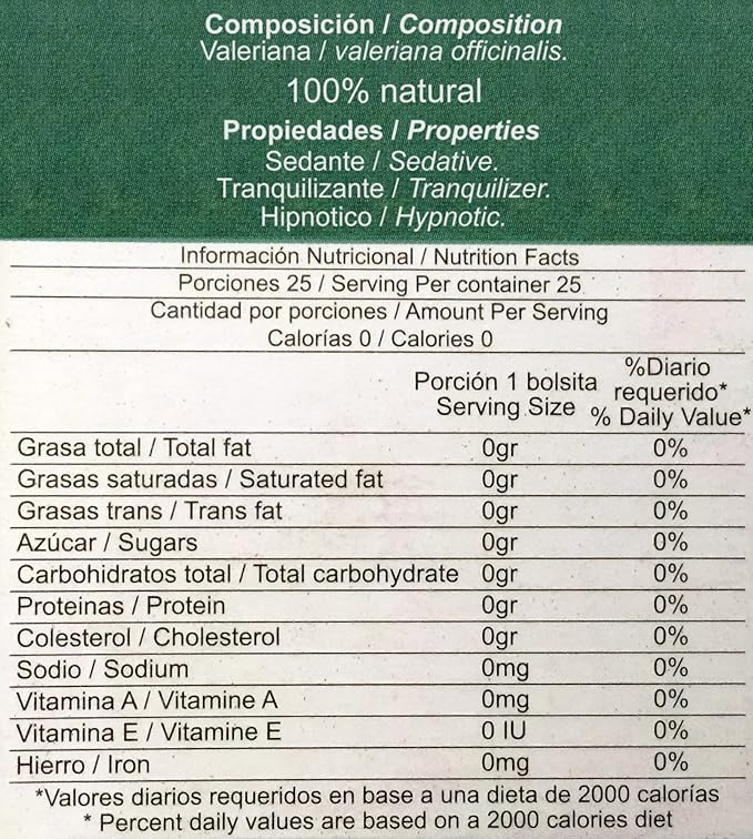 Valeriana Té. 25 Tea Bags. Valerian Tea. 2-PACK (50 Tea bags Total) (50 Bolsas)