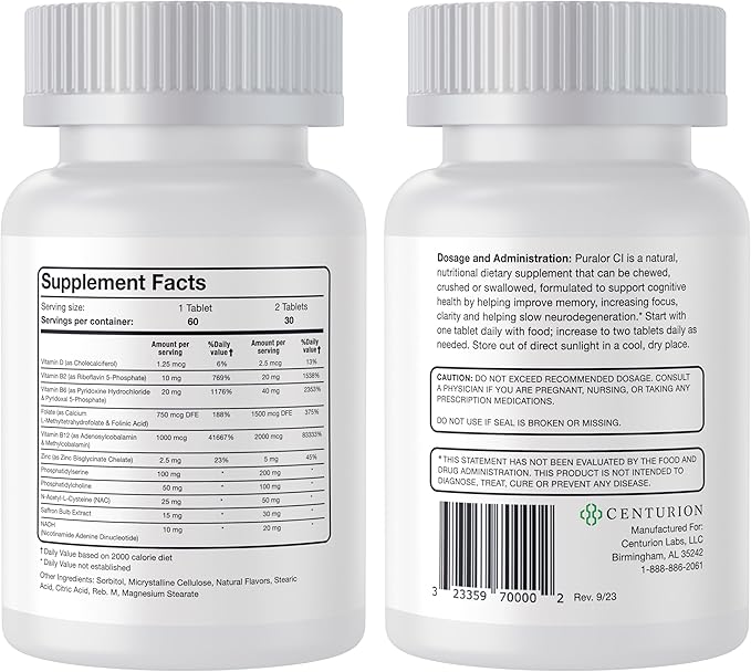 Centurion Puralor CI Brain Supplement for Memory and Focus with Folate, NADH, Vitamin B2, B6 and B12 for Teens and Adults, 60 Tablets