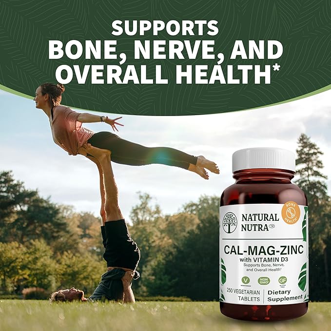 Natural Nutra 250 Count, Calcium Magnesium Zinc Supplement with Vitamin D3 for Bone Strength, Nerve Health, Helps Improve Better Vibe, Gluten Free and Sugar-Free, Essential Mineral Complex