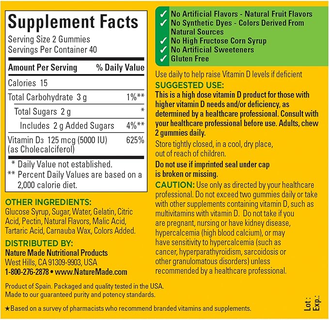 Nature Made Extra Strength Vitamin D3 5000 IU (125 mcg) per serving, Dietary Supplement for Bone, Teeth, Muscle and Immune Health Support, 80 Gummies, 40 Day Supply