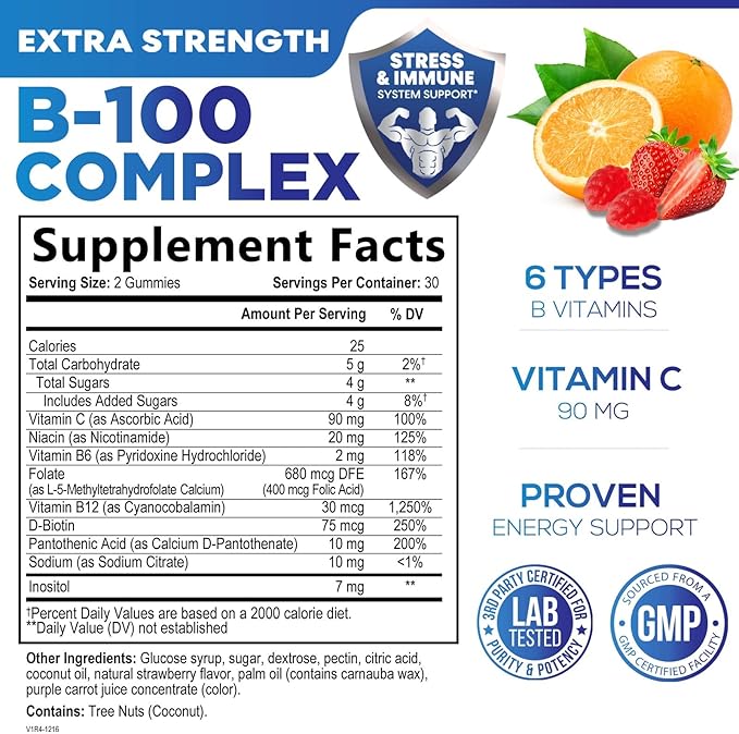 Super B Complex Gummy with Vitamin C & Folic Acid, Extra Strength Vitamin B Gummies Supplement with Niacin, B6, Folic Acid, B12, Biotin, Nature's Energy Immune Support Supplements - 60 Gummies