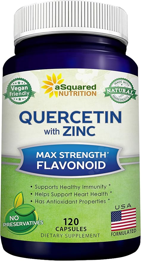 aSquared Nutrition Quercetin 1000mg with Zinc Supplement - 120 Capsules - Quercetin Dihydrate with Black Elderberry & Zinc - Max Strength Powder Complex Pills to Help Improve Immune Response