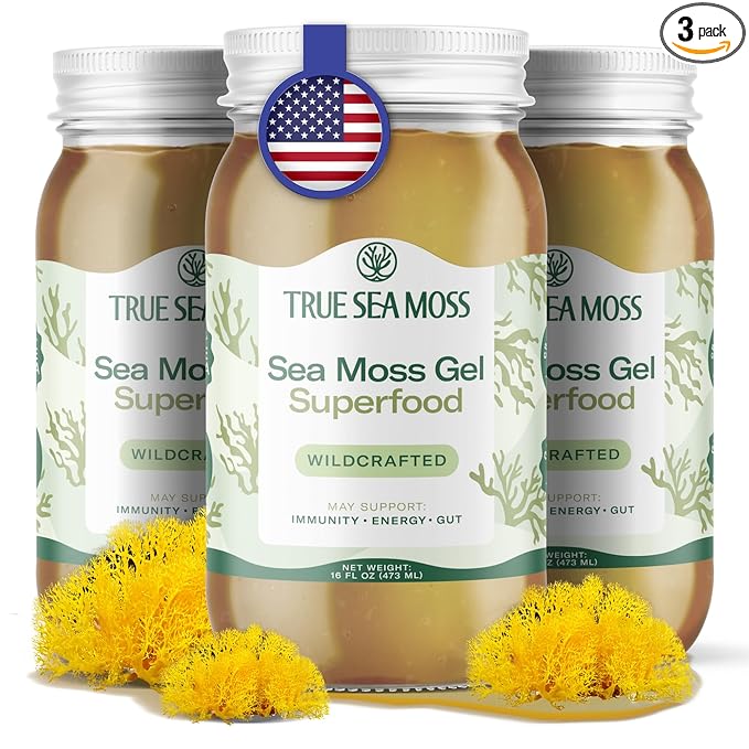 TrueSeaMoss Wildcrafted Irish Sea Moss Gel - Made with Dried Seaweed - Seamoss, Vegan-Friendly, Antioxidant Supports Digestion - Made in USA (Original, Pack of 3)
