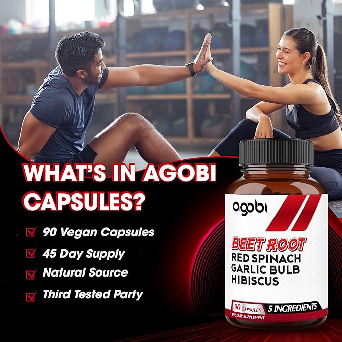 agobi 5in1 Beet Root Capsules - Added with Red Spinach, Organic Garlic Bulb, Hibiscus & Black Pepper - Support for Energy Production, Immune System & Digestive Health - 90 Vegan Capsules