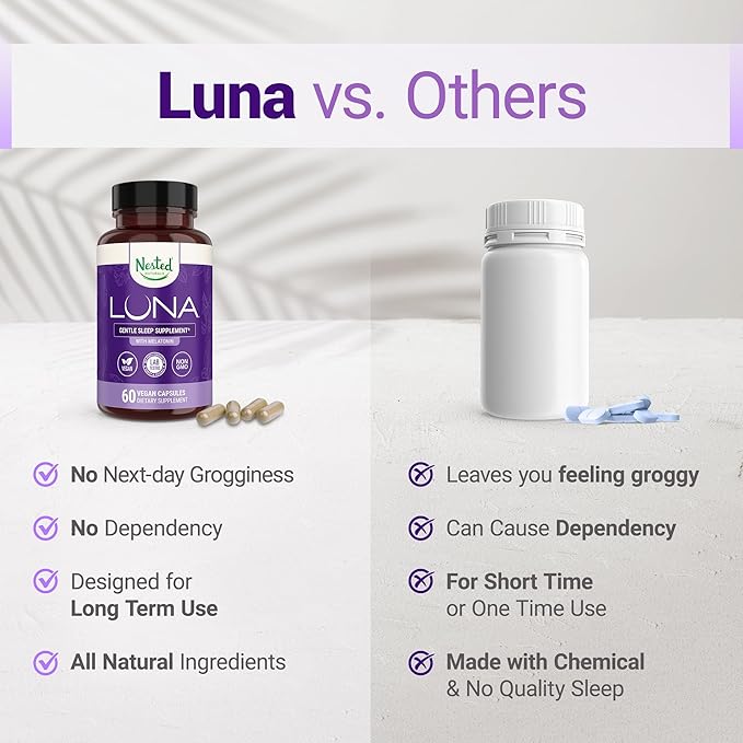 Luna Sleep Aid - Non-Habit Forming Natural Sleeping Pills for Adults with Naturally Sourced Ingredients - Valerian Root, Melatonin, Chamomile, Lemon Balm, and More - 120 Vegan Capsules