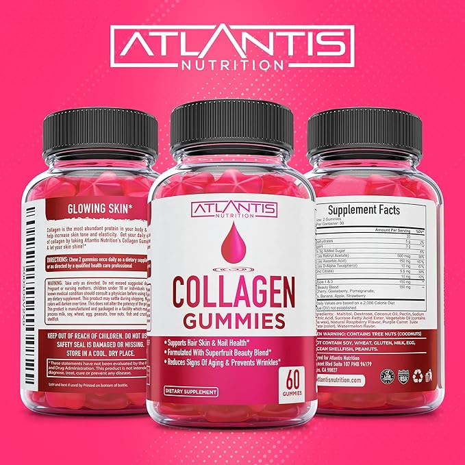 Atlantis Nutrition Collagen Peptides Gummies for Women - Formulated with Type I & III - Vitamin & Superfruit Beauty Blend - Formulated to Support Hair, Nail & Skin Health | 60 Count