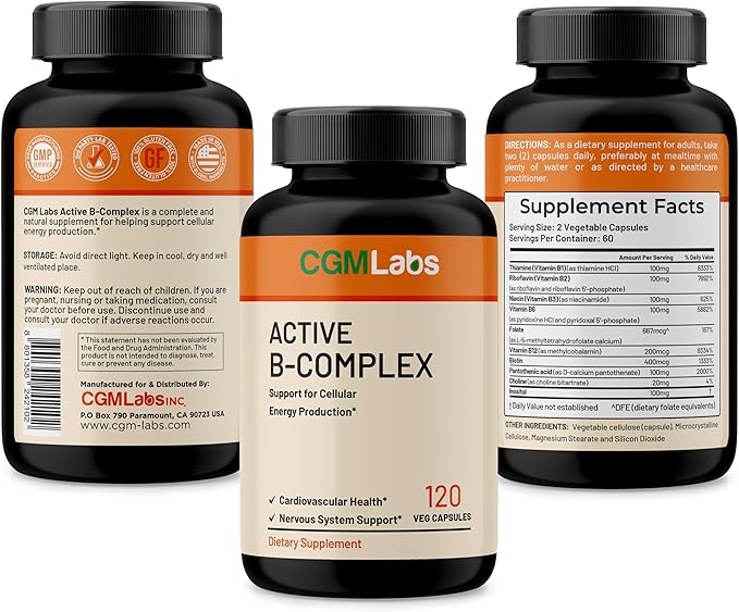 Vitamin B Complex - Active B1, B2, B3, B6, B12, Thiamine, Riboflavin, Niacin, Folate, Biotin, Pantothenic Acid, Inositol by CGM Labs