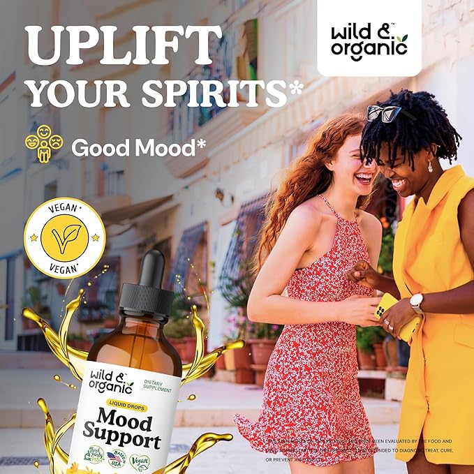 Wild & Organic Mood Support Supplement - Natural Liquid Drops for Positive Energy - Calm Mind Supplement for Women and Men - Non-Alcohol Ashwagandha & Rhodiola Rosea Root Tincture for Good Mood - 4 oz