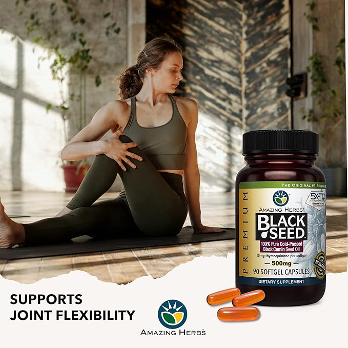 Amazing Herbs Premium Black Seed Oil Capsules - Cold Pressed Nigella Sativa Aids in Digestive Health, Immune Support, Brain Function, Gluten Free, Non GMO - 90 Count, 500mg
