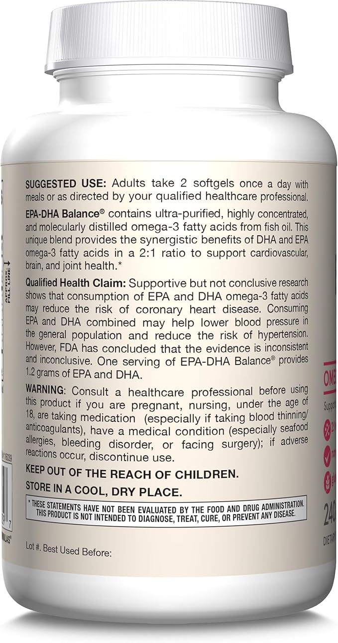 Jarrow Formulas EPA-DHA Balance, 1,200 mg Omega-3 Fatty Acids for Cardiovascular Support, 240 Softgels, 120 Day Supply