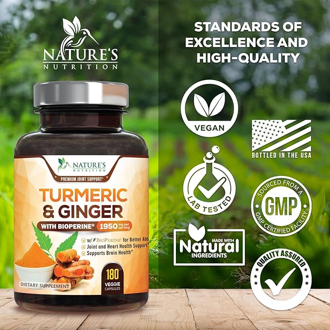 Turmeric Curcumin Supplement 1950mg with Organic Turmeric & Ginger, 95% Curcuminoids, BioPerine Black Pepper for Best Absorption, Nature's Vegan Joint Support, Non-GMO, Bottled in USA - 180 Capsules