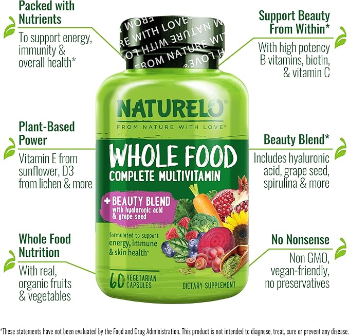 NATURELO Whole Food Multivitamin with Extra Hair, Skin & Nails Support - Beauty Blend with Hyaluronic Acid & Grape Seed - High Potency Biotin, Vitamin C, & Glutathione, 60 Vegan Capsules (Pack of 2)