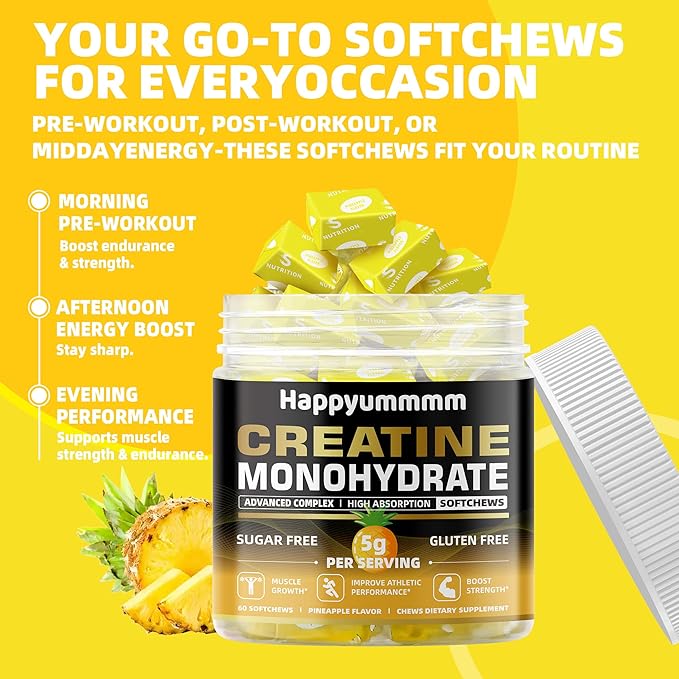 Creatine Monohydrate Soft Chews 5g for Men & Women, Preworkout Gummy with Electrolyte for Muscle Growth, Strength & Energy Support, Pineapple 60 pcs