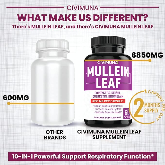 (2 Packs) Mullein Leaf Capsules 6850mg - Mullein Leaf, Cordyceps, Reishi - 4 Months Supply