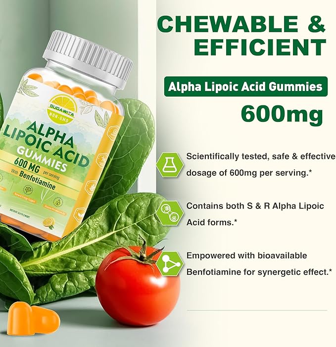 Alpha Lipoic Acid Gummies - Vegan, Sugar-Free,600 mg ALA Supplement - Pure ALA Alpha Lipoic Acid 600mg with Benfotiamine for Nerve Support, Antioxidant Support - 60 Counts