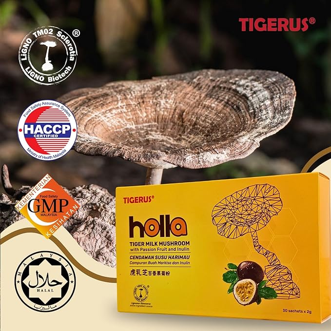 TIGERUS® Holla Tiger Milk Mushroom with Passion Fruit and Inulin - Immune Support, Digestive Health, Antioxidant Boost, Natural Wellness Supplement - 30 Sachets