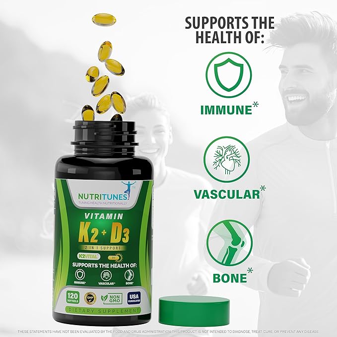 Vitamin K2 + D3 - Supports Heart, Bone & Immune Health - 100 mcg K2 (MK-7) & 5000 IU D3 - Non-GMO, Free from Gluten, Soy, & Lactose - 120 Softgels, 4-Month Supply
