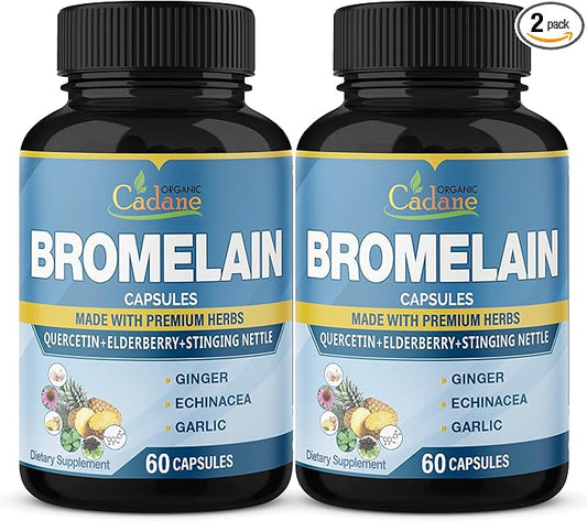 Organic Cadane 2 Packs 60caps of Bromelain Supplement Capsules, with Quercetin, Elderberry, Ginger, Echinacea, Garlic, Black Pepper, 2 Months Supply