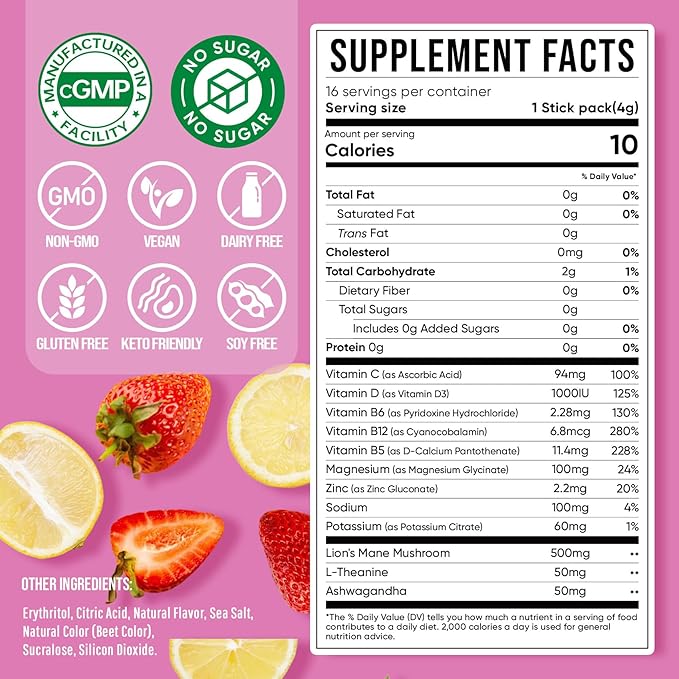 Venture Pal Magnesium Glycinate Powdered Drink Mix with Ashwagandha, Vitamin D, L-Theanine, Lions Mane, Sugar Free Magnesium Supplement Blend for Calm, Relax & Focus, Non GMO, Vegan, 16 Sticks