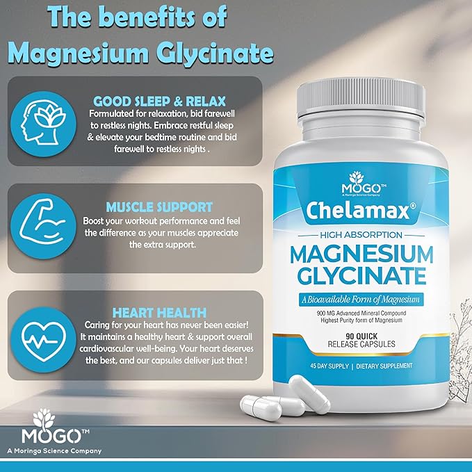 Chelamax Magnesium Glycinate.Dead Sea Magnesium Supplement for Restful Sleep,Muscle Cramps,Nerves,Digestive Support,3rd Party Tested,Heavy Metal Free,Pure Magnesium Glycinate Capsules.