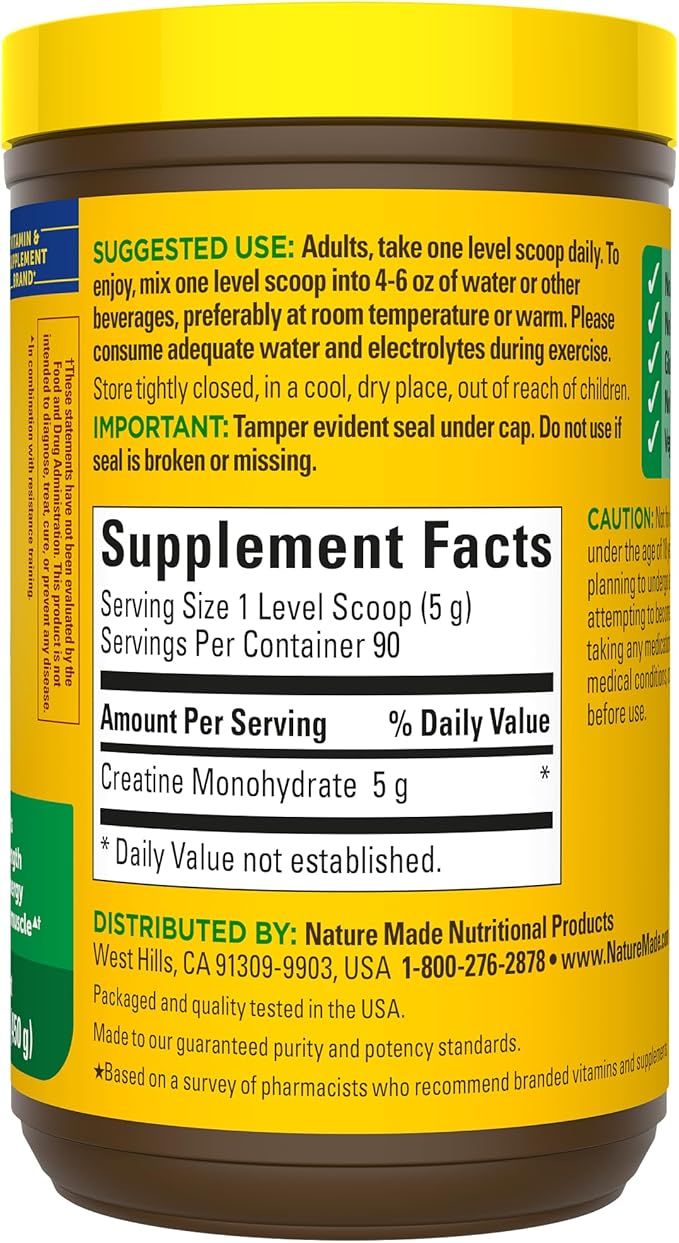 Nature Made Creatine Monohydrate Powder 5 g per Serving, Unflavored Drink Mix Powder, Muscle Support, 450 g, 90 Day Supply