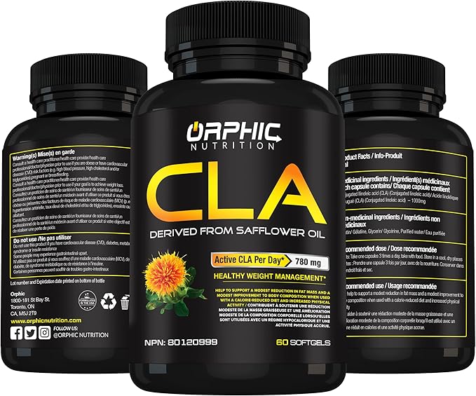 ORPHIC NUTRITION CLA Safflower Oil Supplement - Made with Safflower Oil - 780mg Non-Stimulant Conjugated Linoleic Acid for Men & Women* to Support Weight Loss Efforts and Metabolism* - 60 Softgels