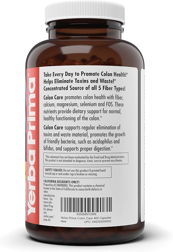 Yerba Prima Prebiotic Colon Care Capsules, 400 Caps - Five Forms of Fiber Plus FOS Pre-biotics - Dietary Health Supplement - Healthy Soluble & Insoluble Fibers for Regularity & Digestive Support