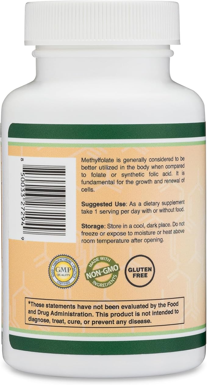 Methylfolate 1,000mcg, 120 Capsules (Third Party Tested Methyl Folate Supplement) Methylated Folate is a More Active Form of Folate Than Folic Acid (Non-GMO, Vegan Safe) by Double Wood