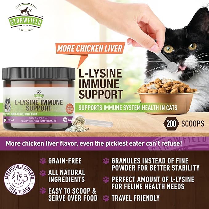 Strawfield Pets L-Lysine Immune Support for Cats & Kittens - 200g Chicken Liver Flavor Granules with Scoop, Immune Health Supplement Cat Cold Relief, Sneezing, Congestion, Running Nose, Watery Eyes