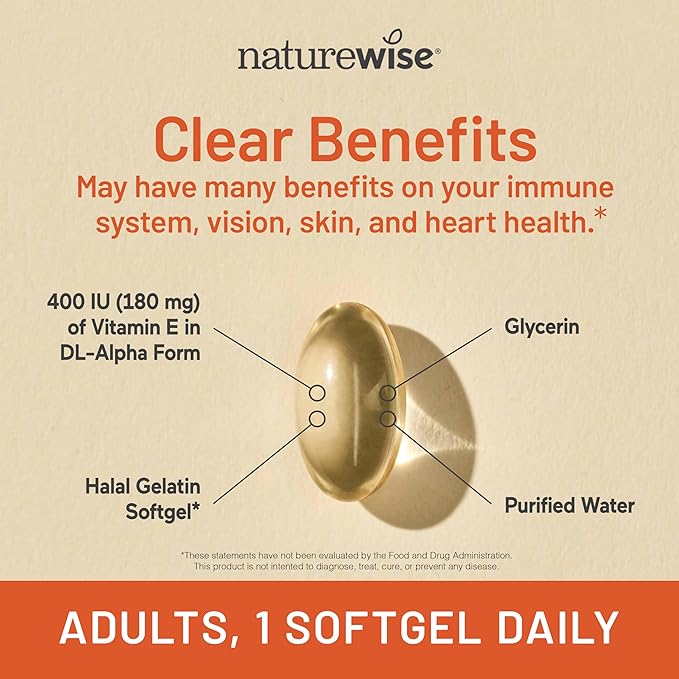 NatureWise Vitamin E 400 IU Softgels (180mg DL-Alpha) - Dairy, Gluten, and Soy Free, Non-GMO Antioxidant Dietary Supplement for Skin, Heart, Eye, and Immune Health Support - 200 Count